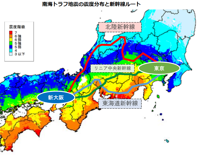 南海トラフ地震と新幹線ルート図