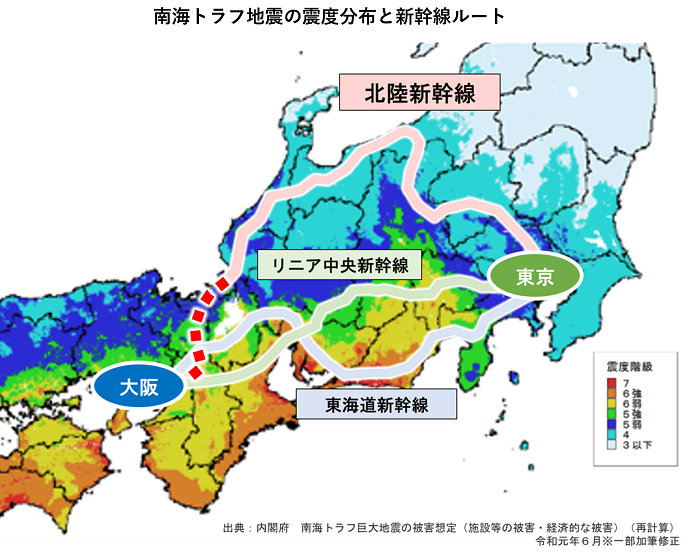 南海トラフ地震と新幹線ルート図